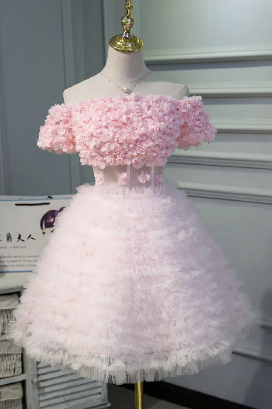 Pink A Line Tulle Homecoming Dresses with Flower Appliques Tunics Seasonal trendy