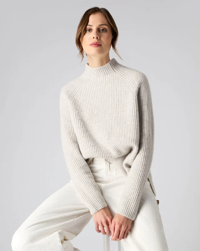 Women's Fisherman Rib Funnel Cashmere Sweater Pebble Grey Cable Knit Ribbed Knit Lace Knit