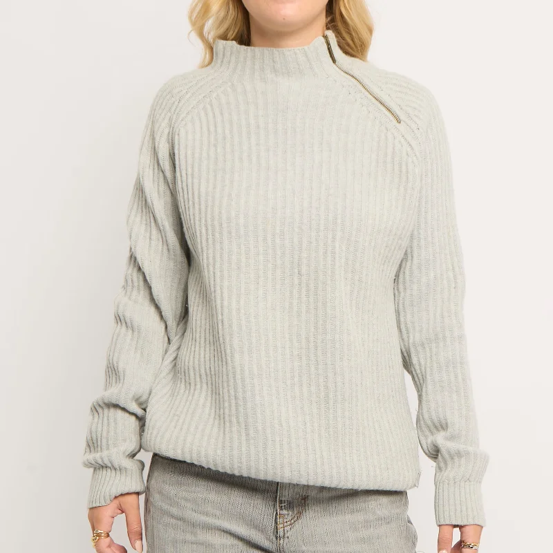 Zip  Ribbed Knitted Sweater - UK 14 Hooded Caped Shawl Collar