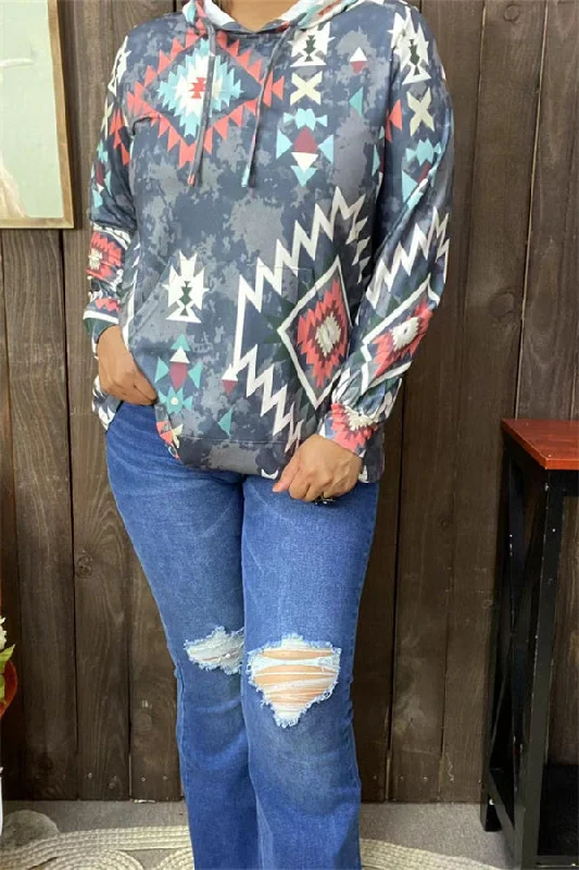 XCH15690 Aztec multi color printed women hoodie/tops w/string&front pockets long sleeve Hoodie with Bell Sleeves Flared Feminine