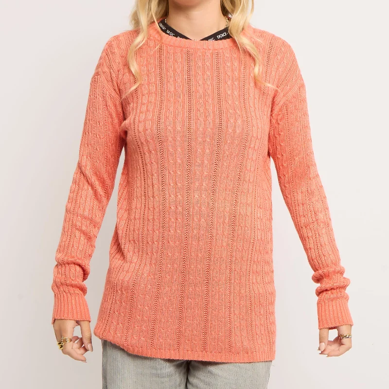 Cable Knit Long Knitted Crew Neck Sweater - UK 10 Terry Blend Velvet Blend Canvas Blend