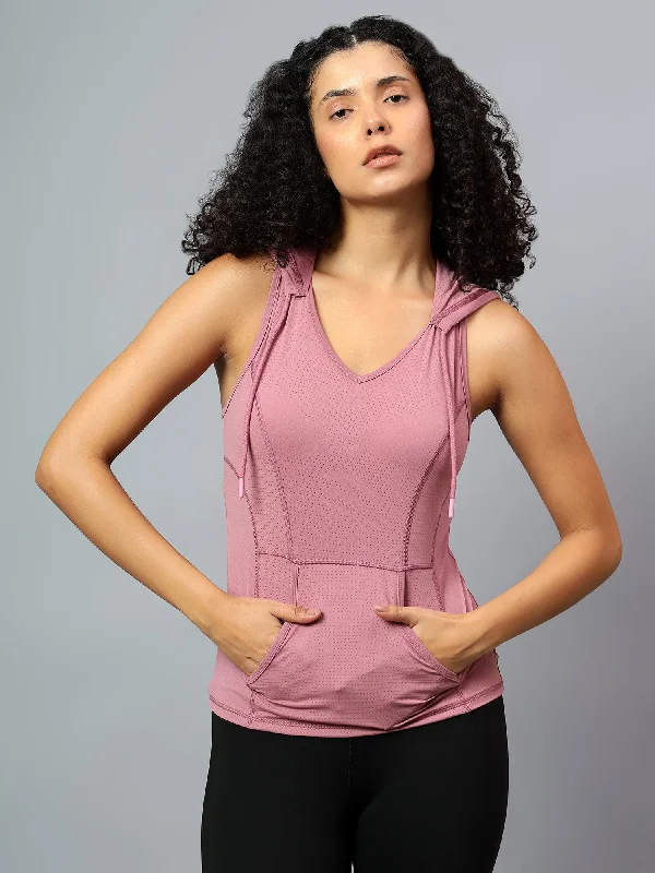 Fitkin Women's Mauve Self Design Sleeveless Hooded Tank Top flowy tank top