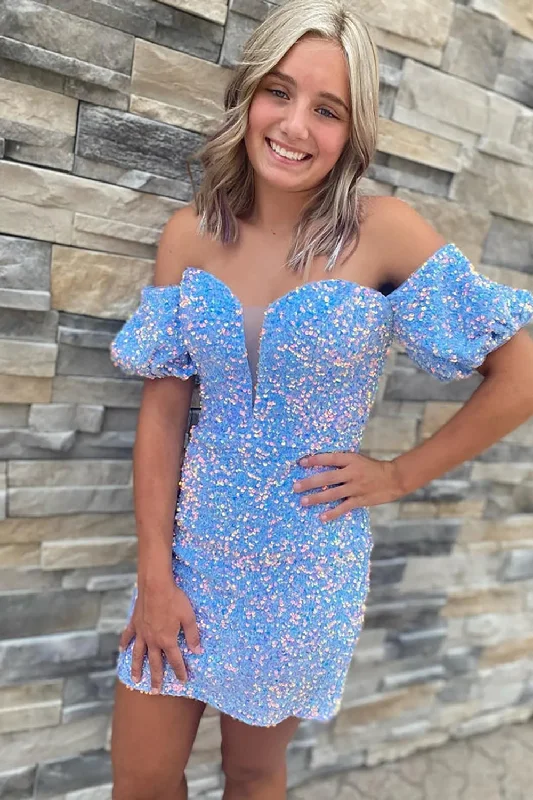 Sparkly Blue Off The Shoulder Sequins Short Homecoming Dresses Tunics Luxurious high-end Sparkly Blue Off The Shoulder Sequins Short Homecoming Dresses Tunics Luxurious high-end