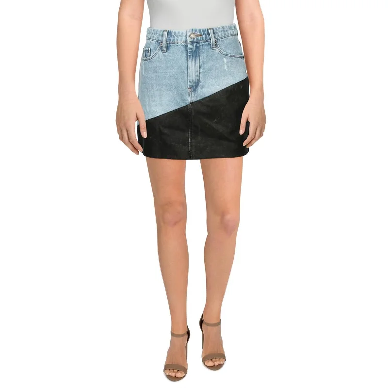 [BLANKNYC] Womens Denim Faux Leather Trim Mini Skirt chiffon skirt flowing