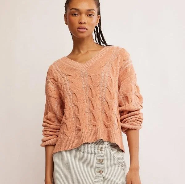 Free People Washed Cable V-Neck Sweater Tailored Straight A-Line