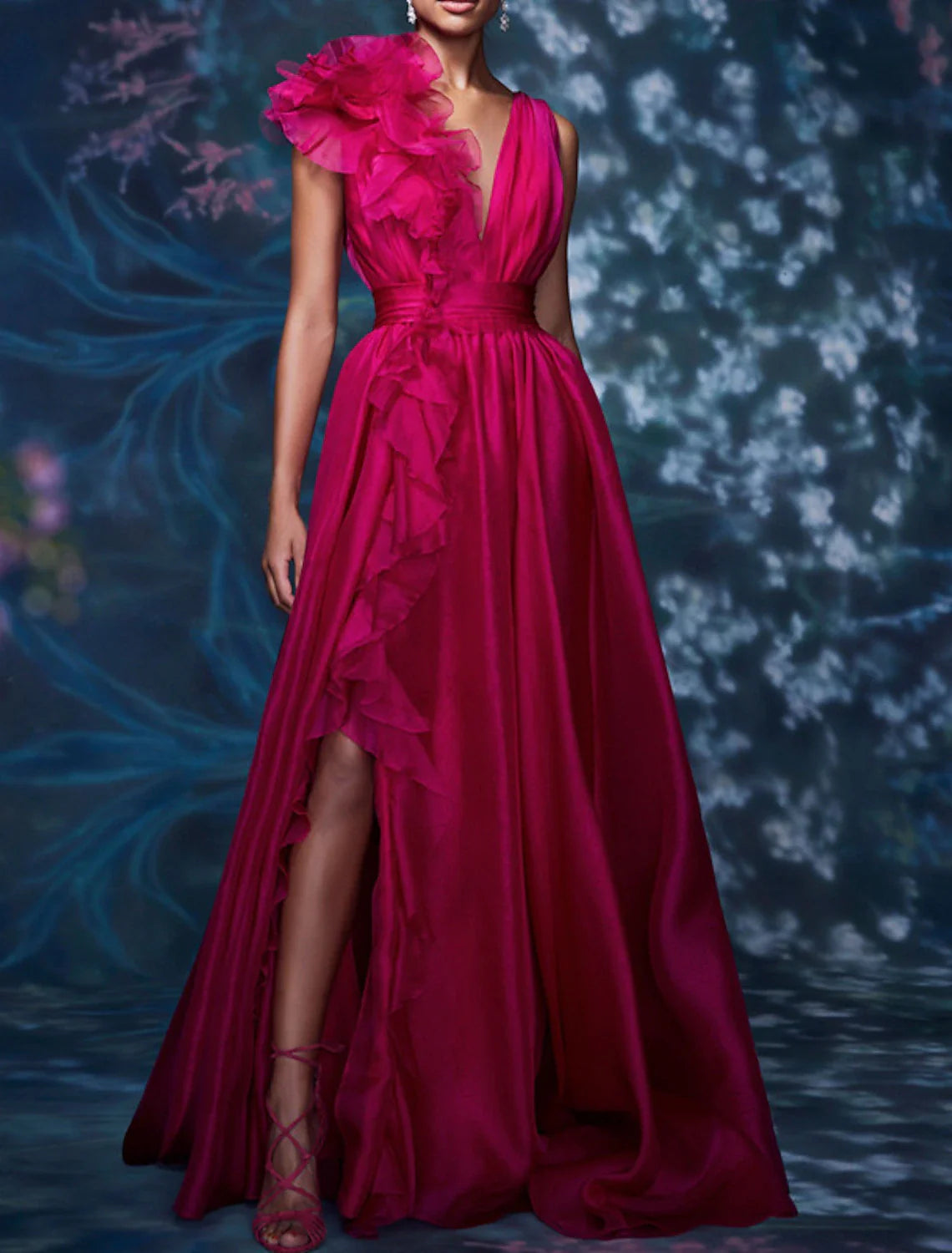 A-Line Evening Gown Celebrity Style Dress Red Green Dress Formal Wedding Guest Floor Length Sleeveless V Neck Chiffon with Slit Pure Color Tunics stripes playful A-Line Evening Gown Celebrity Style Dress Red Green Dress Formal Wedding Guest Floor Length Sleeveless V Neck Chiffon with Slit Pure Color Tunics stripes playful