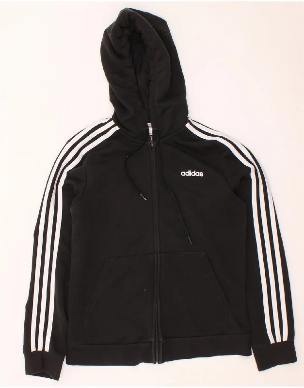 ADIDAS Womens Zip Hoodie Sweater UK 12/14 Medium Black Cotton Fleece Sweater Nylon Polyester