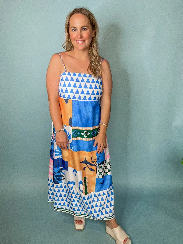 PATCHWORK PRINT SLEEVELESS STRAP DRESS- BLUE Elegant Long Evening