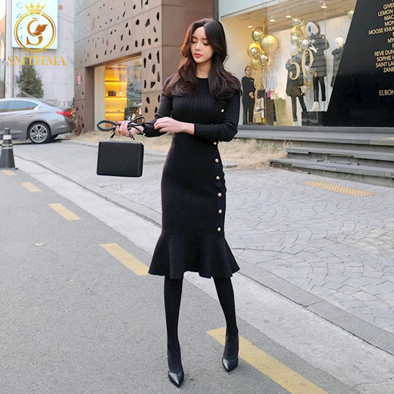 SMTHMA Winter Black Knitted Dress for Women Bodycon Dress Long Sleeve Elegant Button Warm Trumpet Mermaid Sweater Dress Female Mesh Fabric Canvas Fabric Denim Fabric