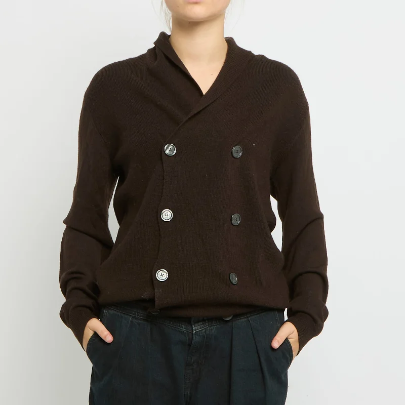 Double Breasted Fine Knit Long Sleeve Sweater - UK 14 Real Fur Shearling Chenille
