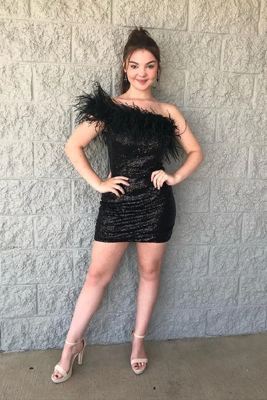 Fashion Black One Shoulder Feather Sequins Short Homecoming Dresses Tunics Denim casual