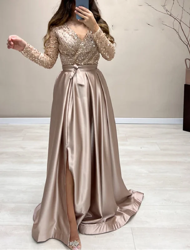 A-Line Evening Gown Elegant Dress Wedding Guest Fall Court Train Long Sleeve V Neck Satin with Pearls Strappy Turtleneck Neckline Stylish