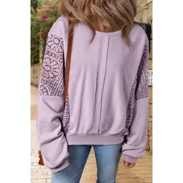 Delicate Moments Purple Knit Crochet Sweatshirt Hoodie with Crew Neck Simple Timeless