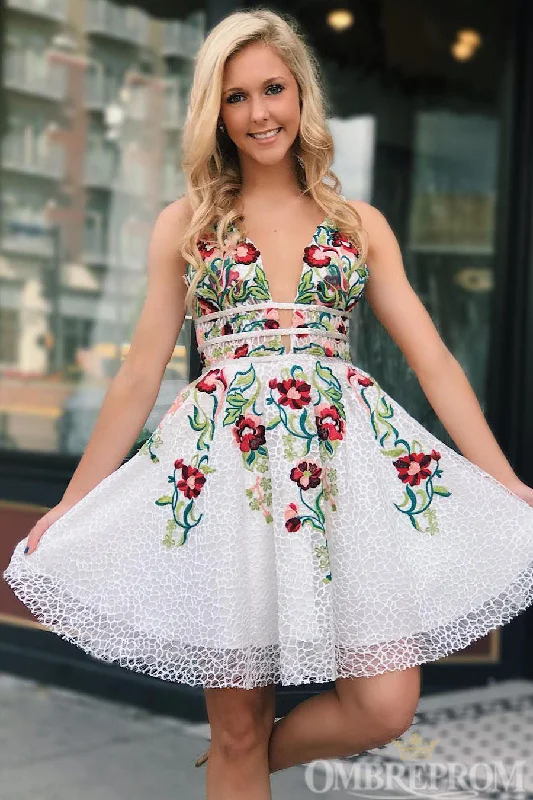 Charming V Neck Lace Short Prom Dresses with Embroidery Tunics Silk luxurious