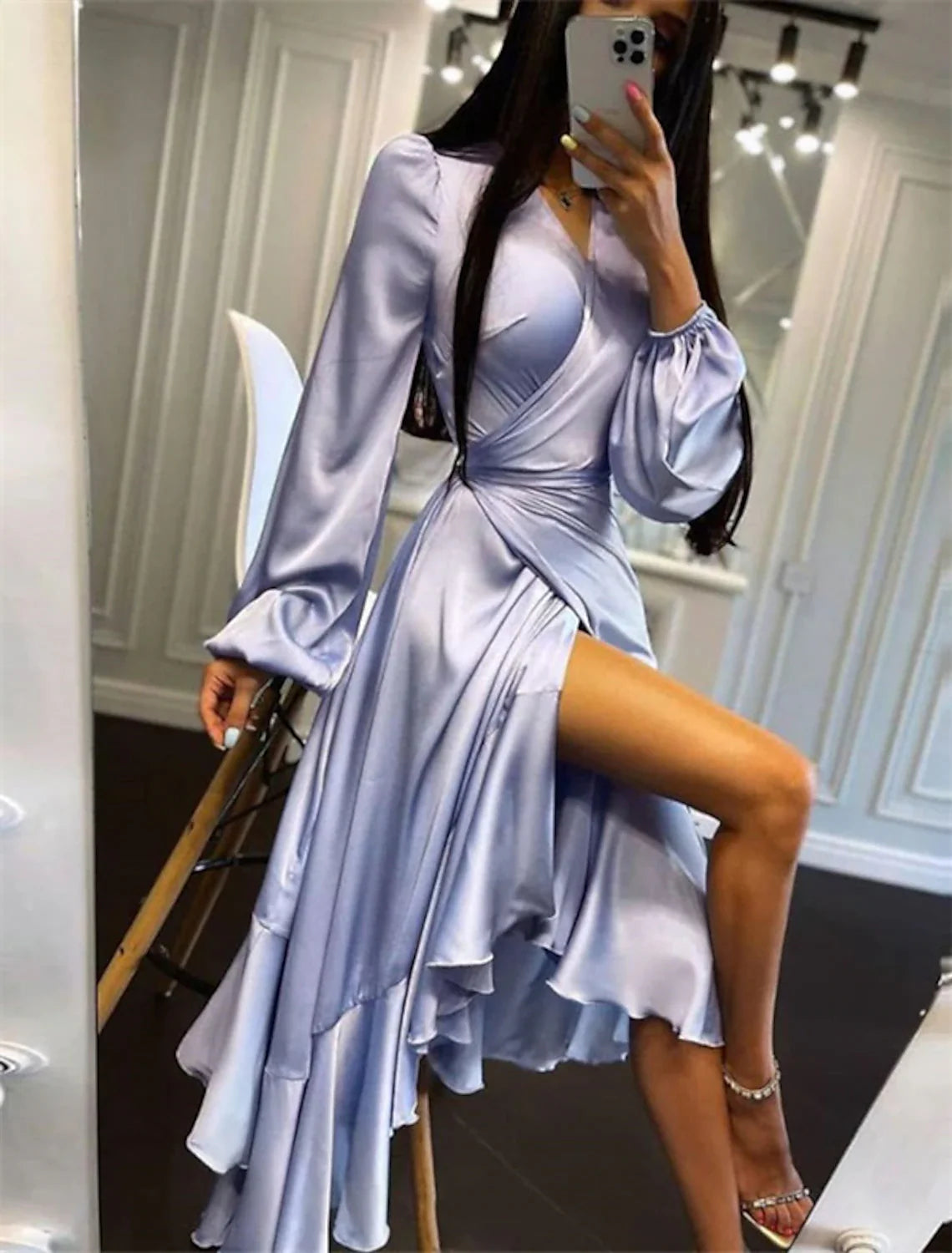 A-Line Wedding Guest Dresses High Low Dress Party Wear Semi Formal Asymmetrical Long Sleeve V Neck Satin with Ruffles Pure Color Tunics Top rated