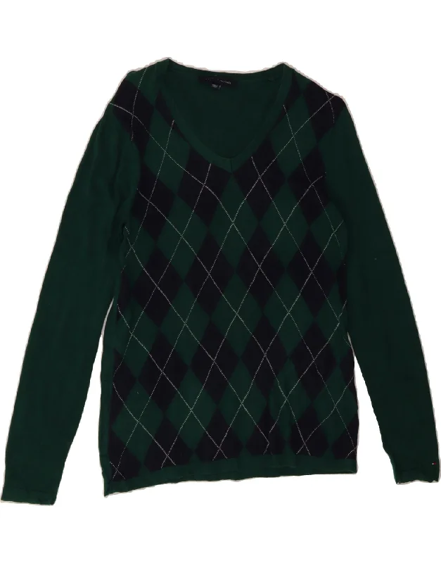 TOMMY HILFIGER Womens V-Neck Jumper Sweater UK 12 Medium Green Nylon Fabric Polyester Fabric Spandex Fabric