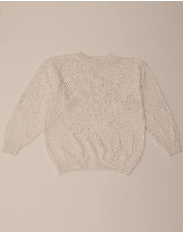 VINTAGE Womens Crew Neck Jumper Sweater UK 14 Medium White Floral Cotton Toggled Drawstring Belted