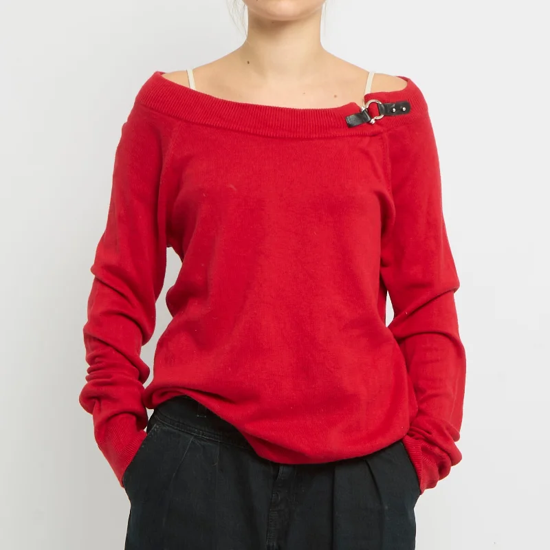 Ralph Lauren Off The Shoulder Buckle  Sweater- UK 16 Ribbed Striped Patterned