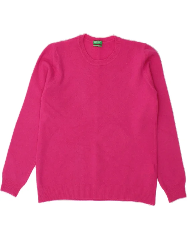 BENETTON Womens Crew Neck Jumper Sweater UK 14 Large Pink Virgin Wool Denim Fabric Leather Fabric Suede Fabric