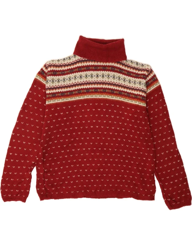EDDIE BAUER Womens Roll Neck Jumper Sweater UK 10 Small Red Fair Isle Real Fur Shearling Chenille