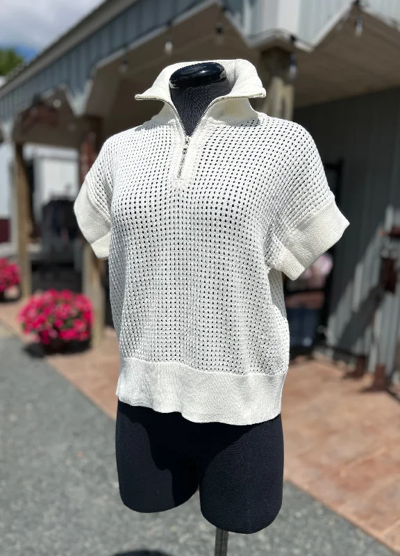 Cream Knit Short Sleeve Sweater Zipper Striped Floral Plaid