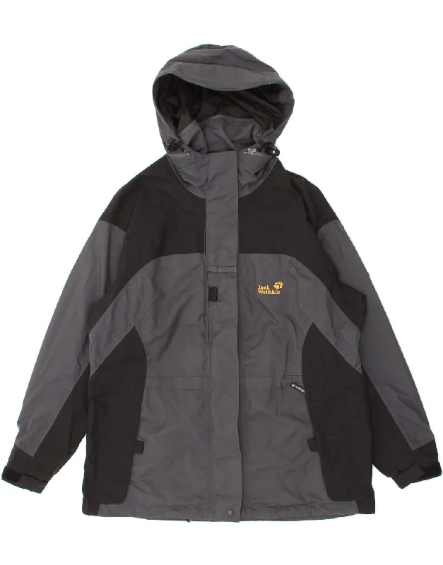 JACK WOLFSKIN Womens Oversized Hooded Rain Jacket UK 16 Large Grey Zippered Front Buttoned Front Snap Front
