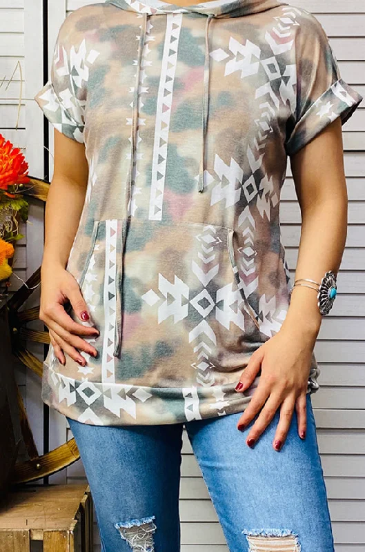 GJQ9886 Aztec printed short sleeve hoodie Hoodie Sweatshirt Pullover