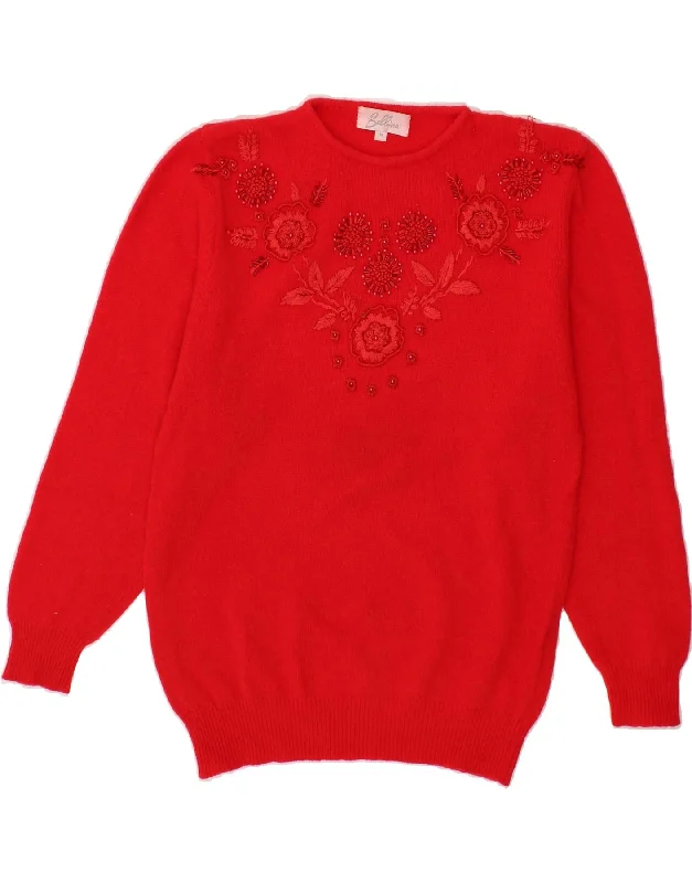 BELLINA Womens Crew Neck Jumper Sweater UK 14 Medium Red Floral Sweater Knitwear Pullover