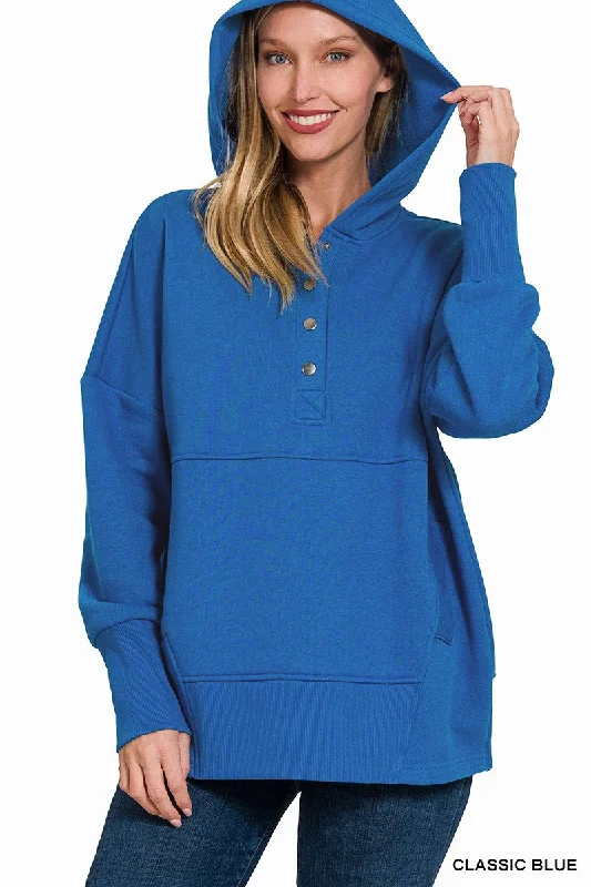 Half And Half Classic Blue Half Button Pullover Hoodie (Size Medium) Zip Hoodie Drawstring Kangaroo Pocket