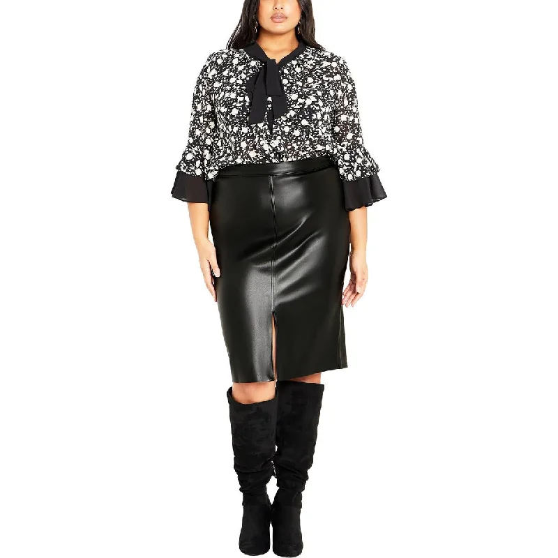 Avenue Womens Knee-Length Faux Leather Midi Skirt zip skirt side