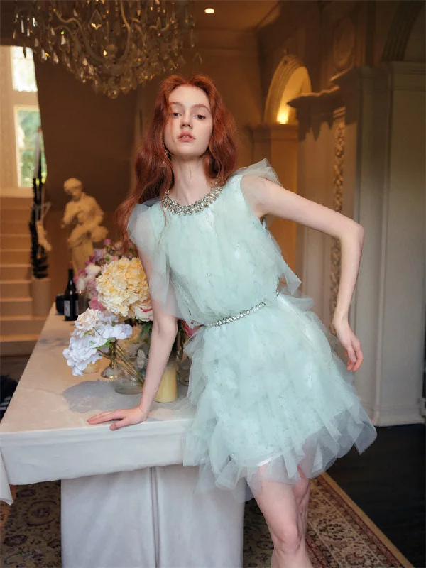 Ruffle Mesh Patchwork Round Neck Short Sleeved Dress Tunics Mesh breathable