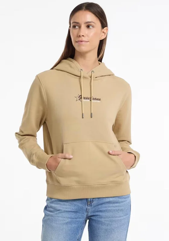 Guess Star Embroidered Logo Hoodie, Camel Hoodie with Frayed Bohemian Relaxed