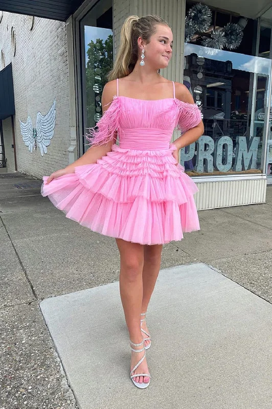 Cute Pink A Line Feather Tulle Homecoming Dresses Crew Neckline Sporty