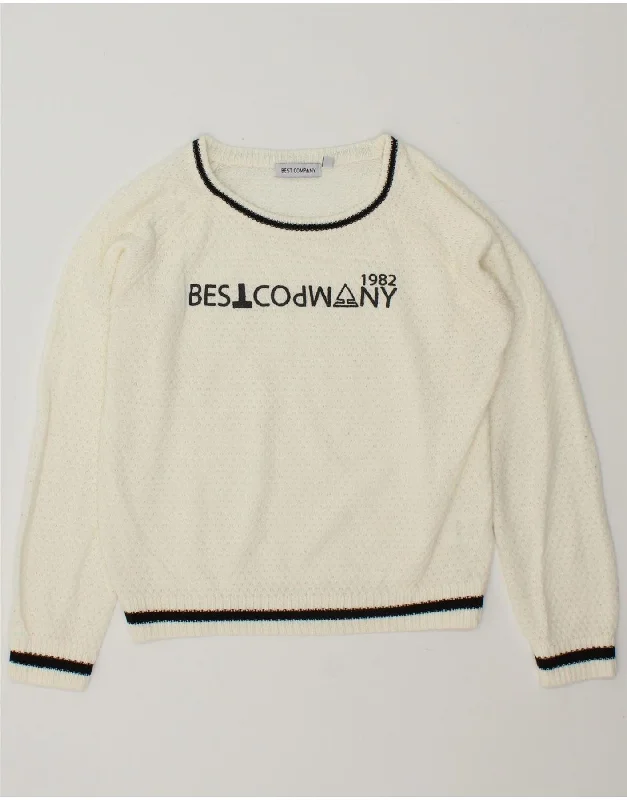 BEST COMPANY Womens Graphic Boat Neck Jumper Sweater UK 10 Small White Velvet Chenille Corduroy