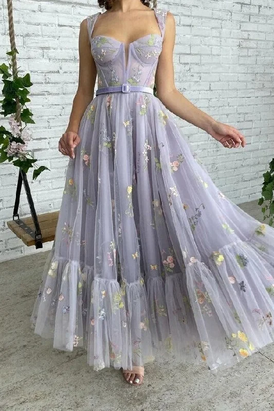 Chic Sleeveless A Line Ankle Length Tulle Prom Dresses Tunics Trendy modern