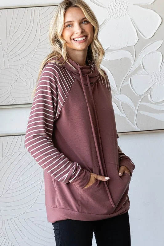 All About The Stripe Plus Marsala Drawstring Hoodie Hoodie with Puffed Sleeves Voluminous Trendy