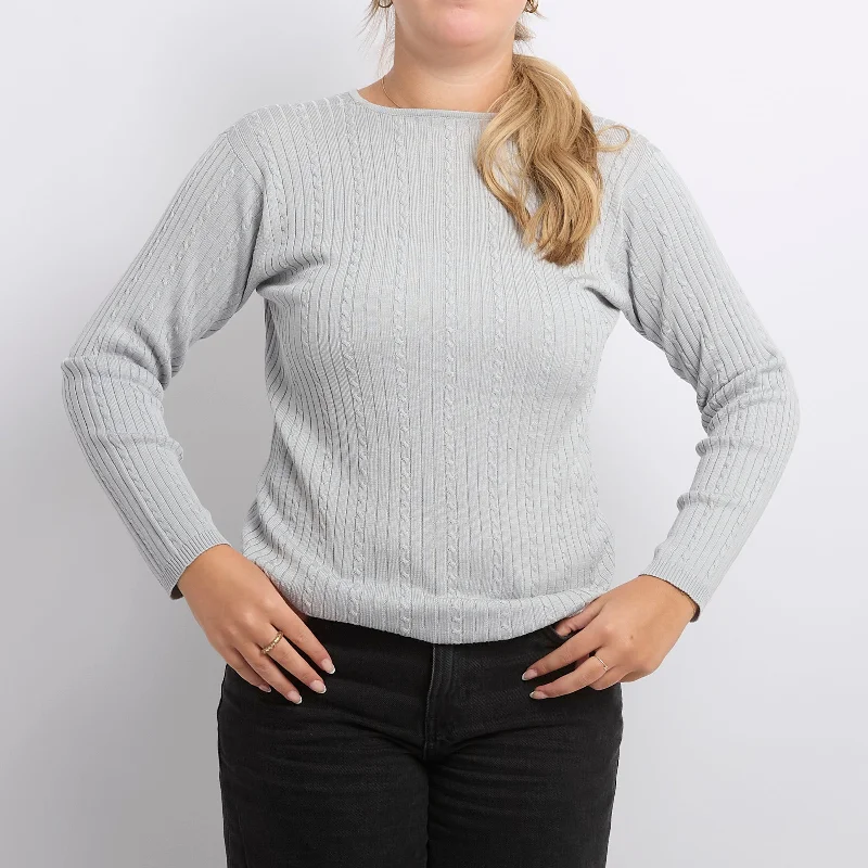 Cable Knit Crew Neck FIne Knit Sweater - UK 10 Ribbed Striped Patterned