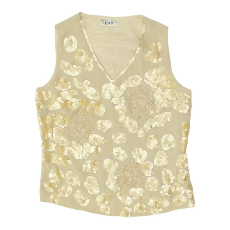 Gianfranco Ferre Womens Beige Beaded Tank Top | Vintage Sleeveless Designer VTG scoop neck tank