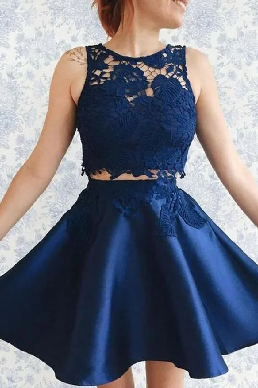 Impressive Two Piece Lace Round Neck With Appliques Homecoming Dresses A-Line Day Work Impressive Two Piece Lace Round Neck With Appliques Homecoming Dresses A-Line Day Work
