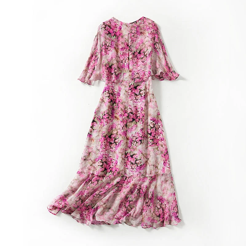 Elegant Long Printed Silk Dress V-neckline Short Sleeves Tunics Sophisticated sleek