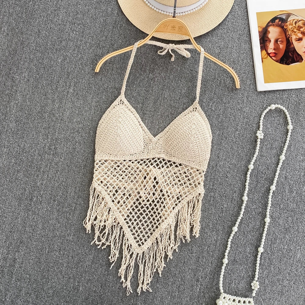 Knitted Tassels Hollow Out Tanks Camis for Women Bohemia Style Hault Sleeveless Sexy Femme Corset Crop Tops Beach Tank Camisoles print tank top
