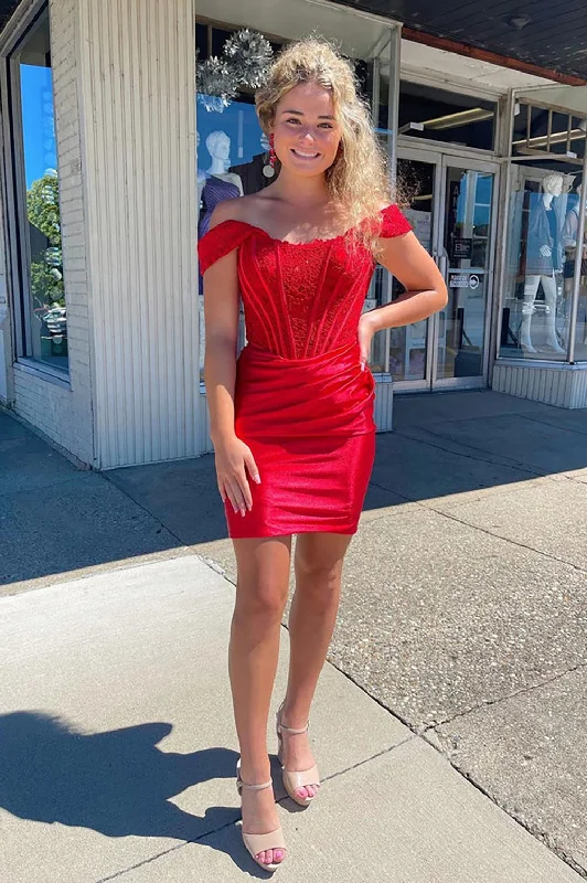 Cute Red Off the Shoulder Satin Homecoming Dresses with Lace Tunics Long Elegant