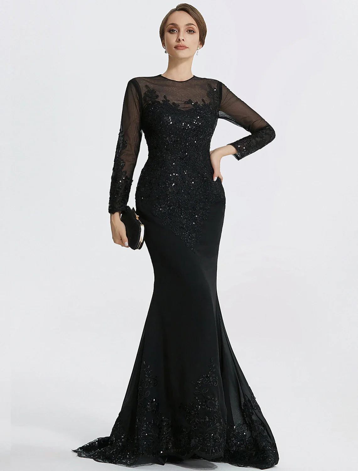 Mermaid / Trumpet Sheath / Column Evening Gown Elegant Dress Formal Floor Length Long Sleeve Jewel Neck Lace with Appliques Tunics Winter warm Mermaid / Trumpet Sheath / Column Evening Gown Elegant Dress Formal Floor Length Long Sleeve Jewel Neck Lace with Appliques Tunics Winter warm