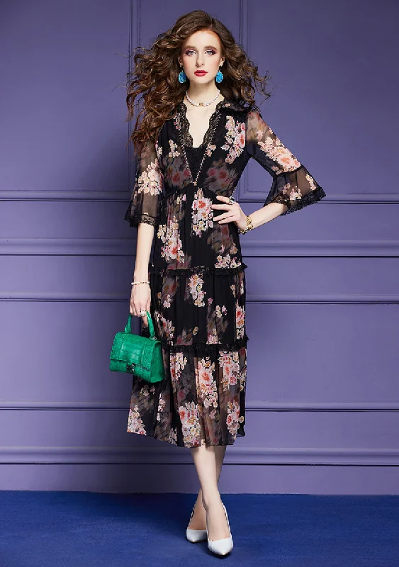 Bottom Dress and Floral Silk Dress Two-piece Set Tunics Chic elegant