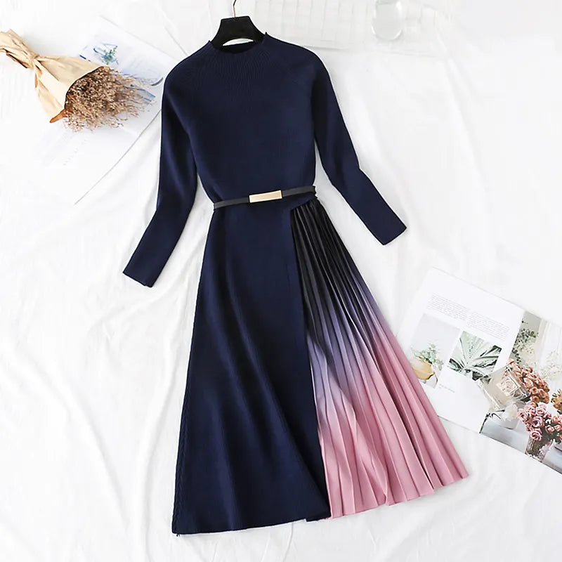 Autumn Winter Elegant Knitted Patchwork Gradient Print Pleated Dress Women Long Sleeve Office One-Piece Sweater Dress With Belt Turtle Neck Boat Neck Asymmetrical Neck