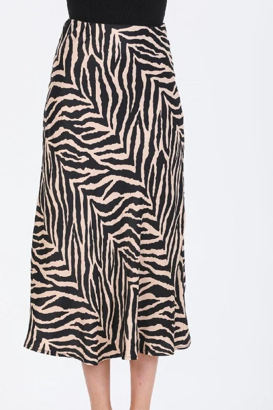 Dense Zebra Pattern Viscose Satin Midi Length Skirt - Black Beige leather skirt durable