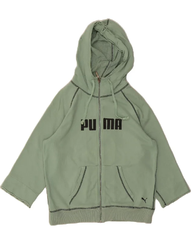 PUMA Womens 3/4 Sleeve Graphic Zip Hoodie Sweater UK 14 Large Green Cotton Zippered Front Buttoned Front Snap Front