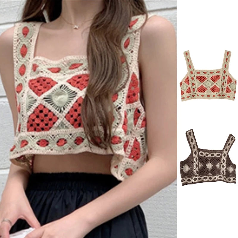 L5YC Women Summer Bohemian Knitted Crop Tank Top Hollow Out Crochet Geometric Pattern Camisole Vintage Sleeveless Beach Vest cropped tank top