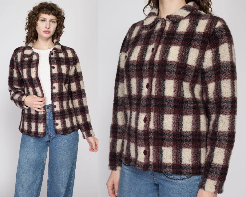 Medium 90s Plaid Fleece Button Up Sweater Terry Terry Cloth Terry Knit