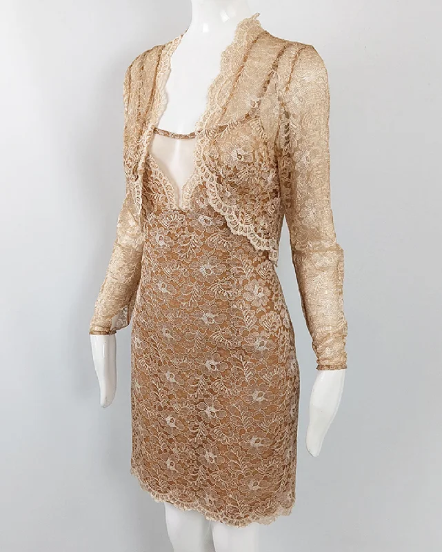 Jiki of Monte Carlo Vintage Sexy Tan Lace Dress & Shrug Ensemble Tunics Practical durable Jiki of Monte Carlo Vintage Sexy Tan Lace Dress & Shrug Ensemble Tunics Practical durable